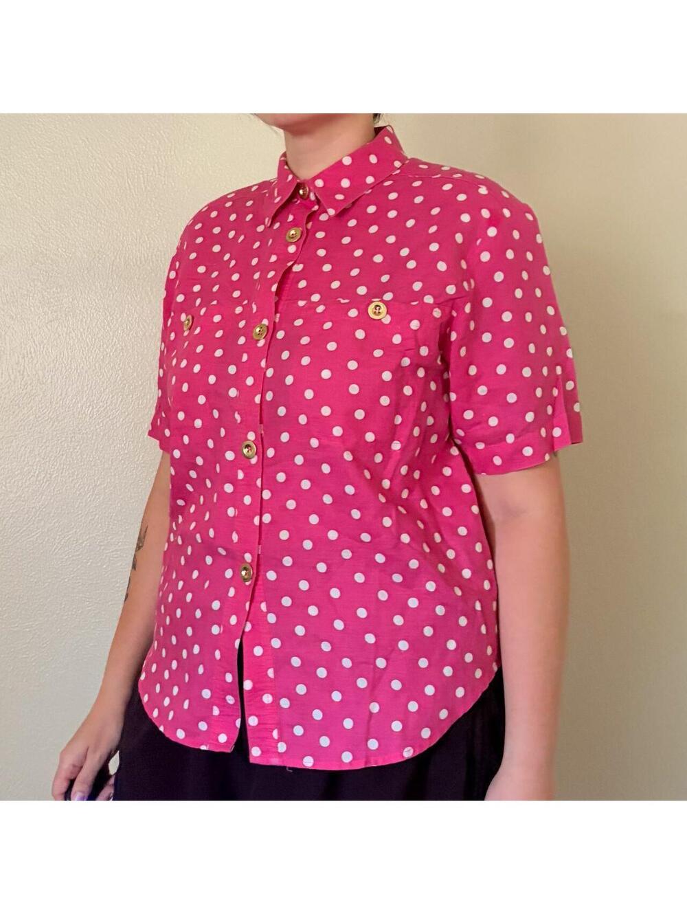 Polka Dot Top Vintage 80s Hot Pink & White Gold Buttons Short Sleeve